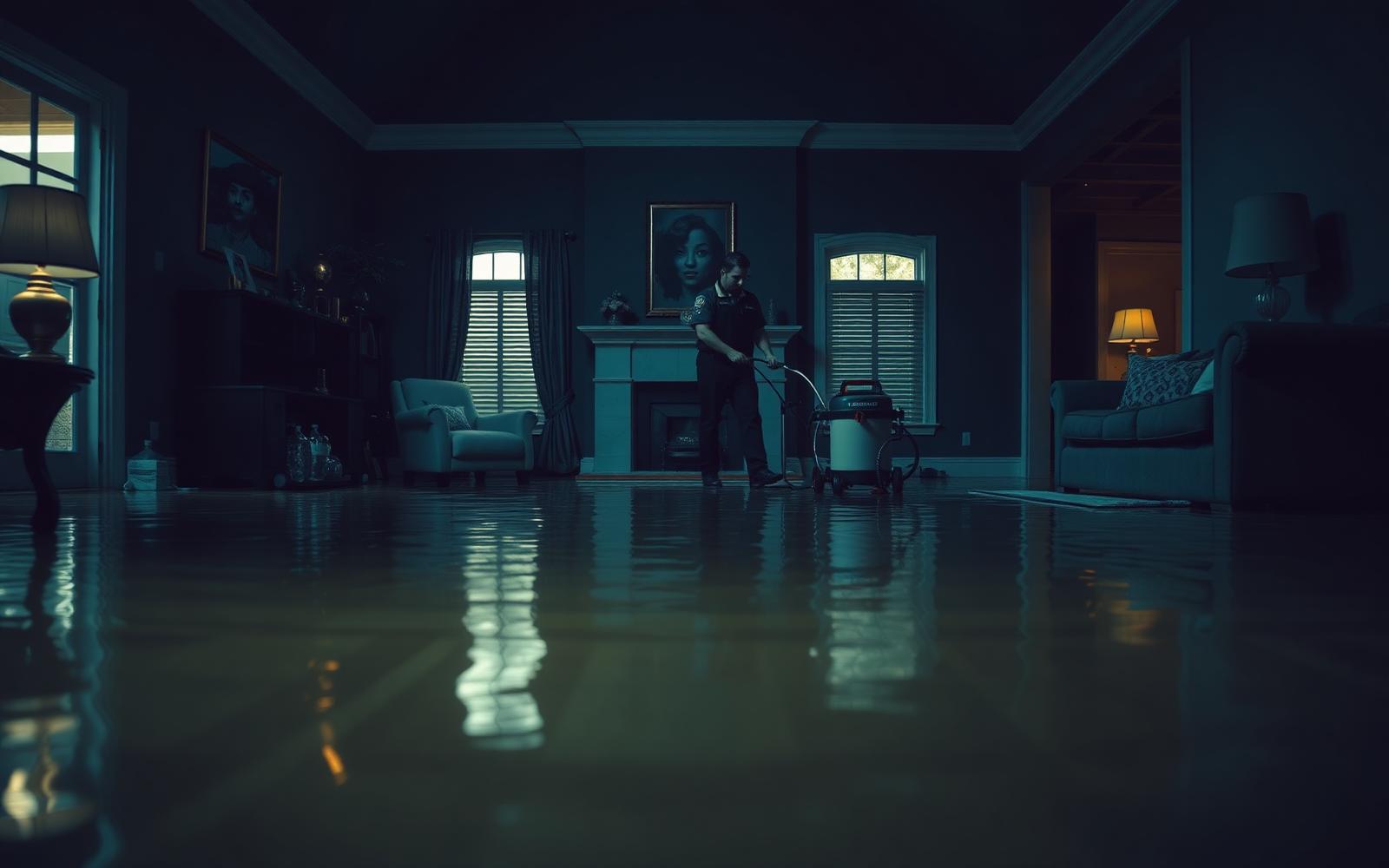 Restoration technician extracting water from a flooded living room